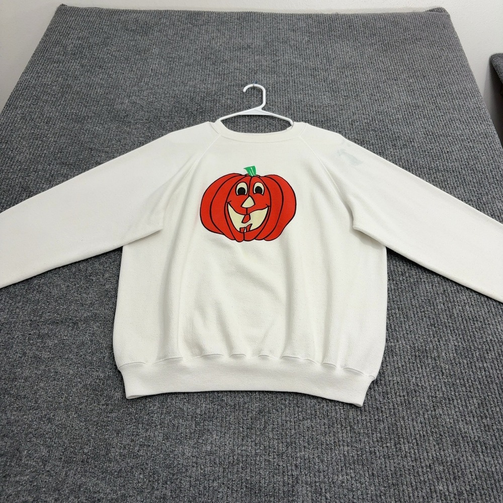 Vintage Hanes Sweatshirt XL White Cotton Blend Pumpkin Jack O Lantern Retro Fall
